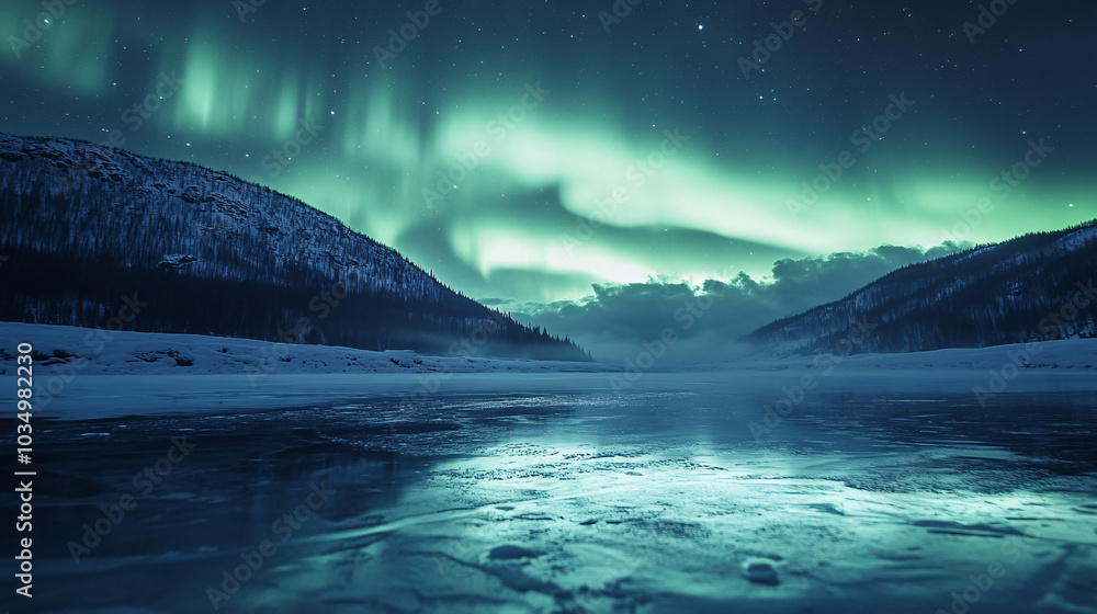 Fototapeta premium northern lights aurora borealis green night sky over snowy landscape river frozen lake stars nature background