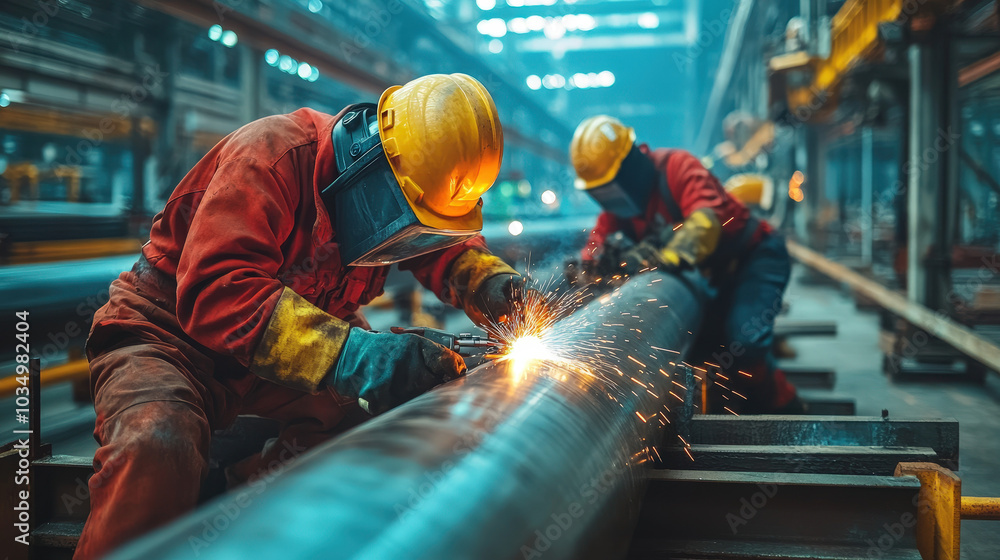 Workers welding steel pipes in an industrial setting Workers welding steel pipes in an industrial setting