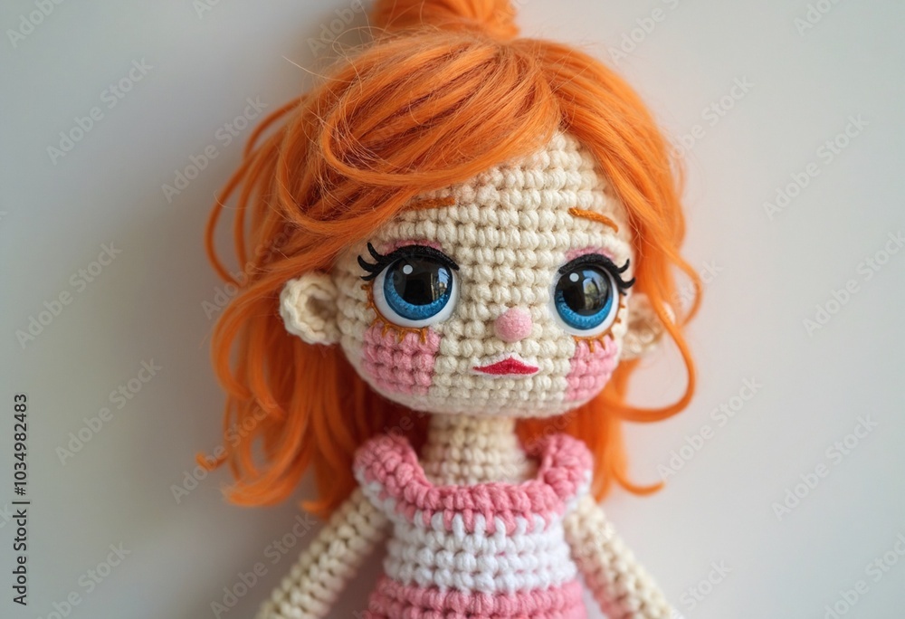 Portrait of a single crochet doll, with soft, delicate brushstrokes emphasizing the intricate details
