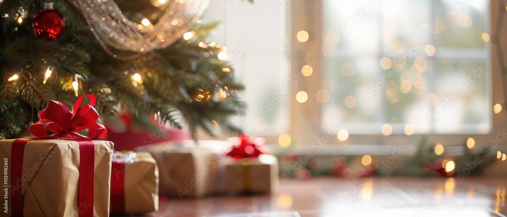 A beautifully decorated Christmas tree with glowing lights and festive cables, surrounded by wrapped gifts, creating a warm holiday atmosphere in a cozy room. A beautifully decorated Christmas tree with glowing lights and festive cables, surrounded by wrapped gifts, creating a warm holiday atmosphere in a cozy room.