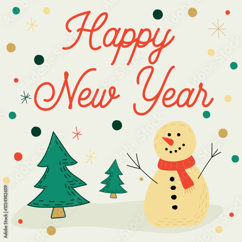 Merry New Year card with a New Year tree and a snowman. The festive scene is surrounded by colorful confetti, spreading joy and holiday spirit.