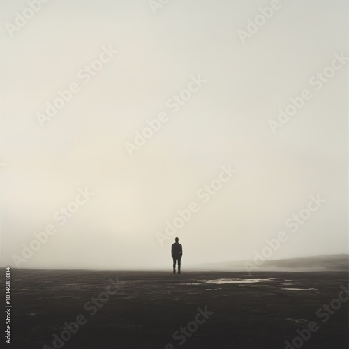 Solitary Figure Standing on Vast Misty Landscape Under Overcast Sky