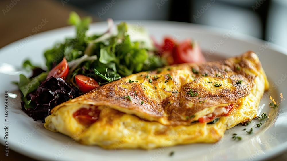 Omelette with fresh vegetables neatly arranged on a modern white plate and ready to serve Omelette with fresh vegetables neatly arranged on a modern white plate and ready to serve