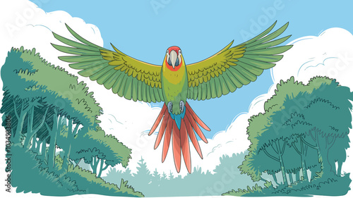 Colorful Parrot Illustration Flying Over Lush Green Forest