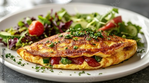 Omelette with fresh vegetables neatly arranged on a modern white plate and ready to serve