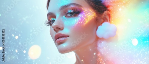 This stunning portrait captures a beautiful girl with smooth skin, enhanced by vibrant colors and dreamy effects, creating a surreal and enchanting atmosphere.