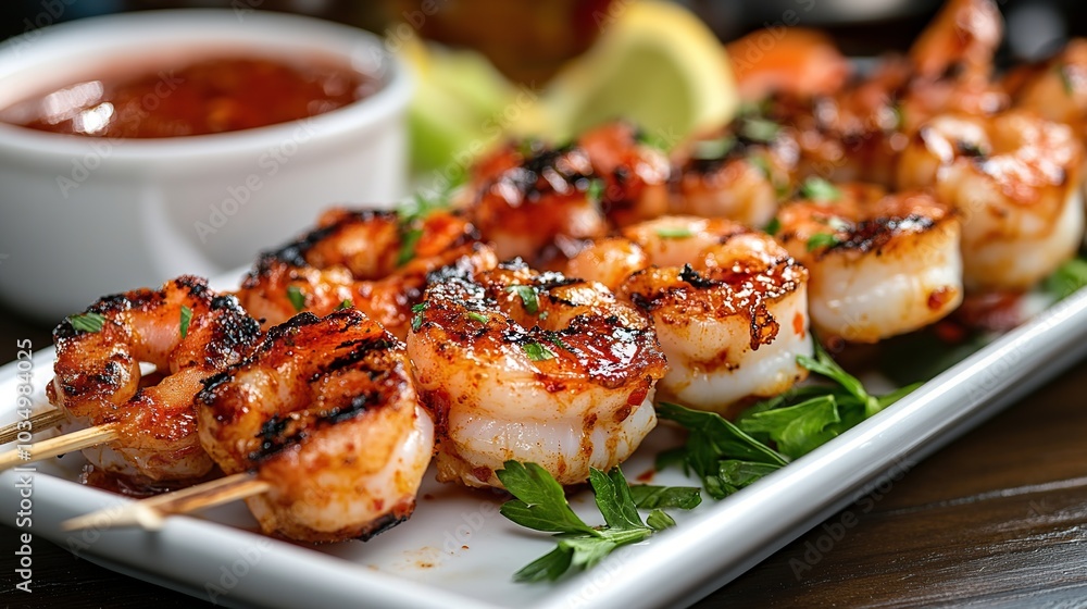 Plate of grilled shrimp with chili sauce served on a plate and beautifully decorated, ready to be served Plate of grilled shrimp with chili sauce served on a plate and beautifully decorated, ready to be served
