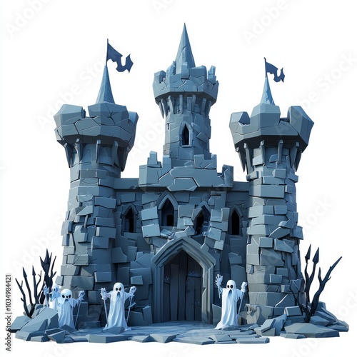 3D Render, Low Poly style of a haunted castle with crumbling walls and ghostly guards, on isolated white background photo