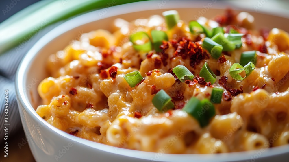 Close up of a bowl of chili cream macaroni and cheese garnished with sliced green onions ready to be served Close up of a bowl of chili cream macaroni and cheese garnished with sliced green onions ready to be served