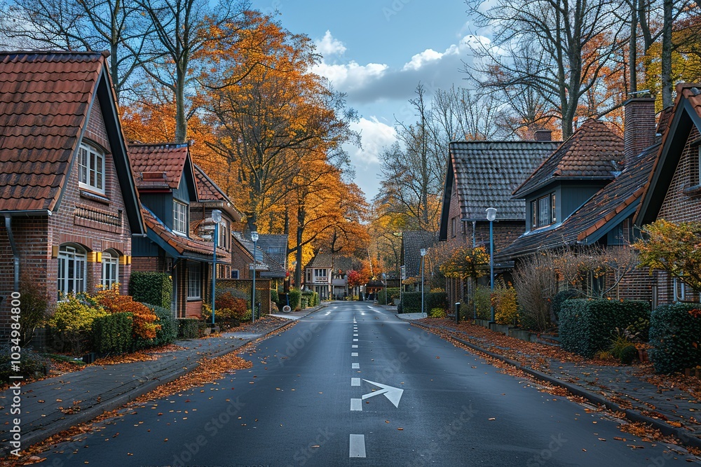 A quiet street lined with brick homes in the fall. A quiet street lined with brick homes in the fall.