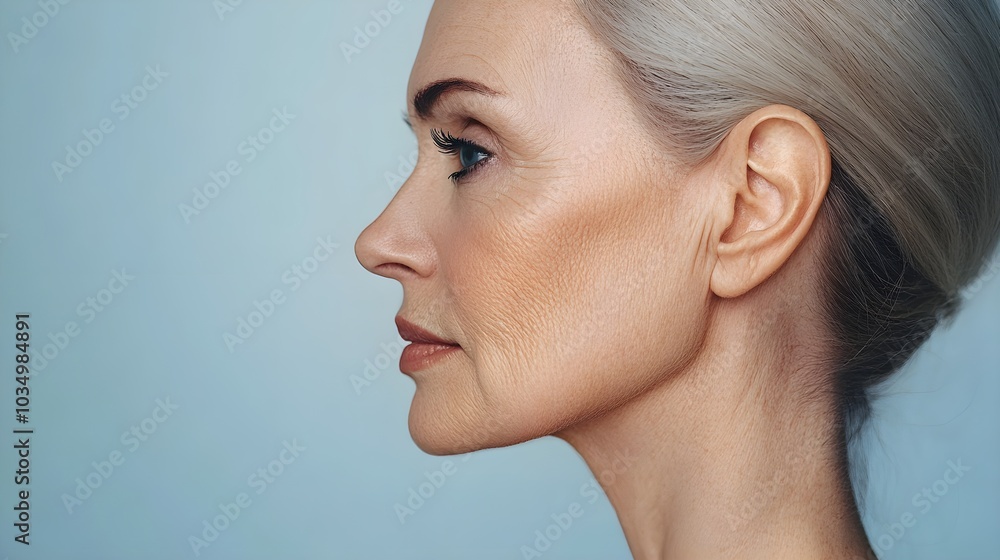 Side profile of an elderly woman with deep wrinkles and crow's feet, transitioning to a youthful, radiant appearance, showing lifted, smooth skin Side profile of an elderly woman with deep wrinkles and crow's feet, transitioning to a youthful, radiant appearance, showing lifted, smooth skin