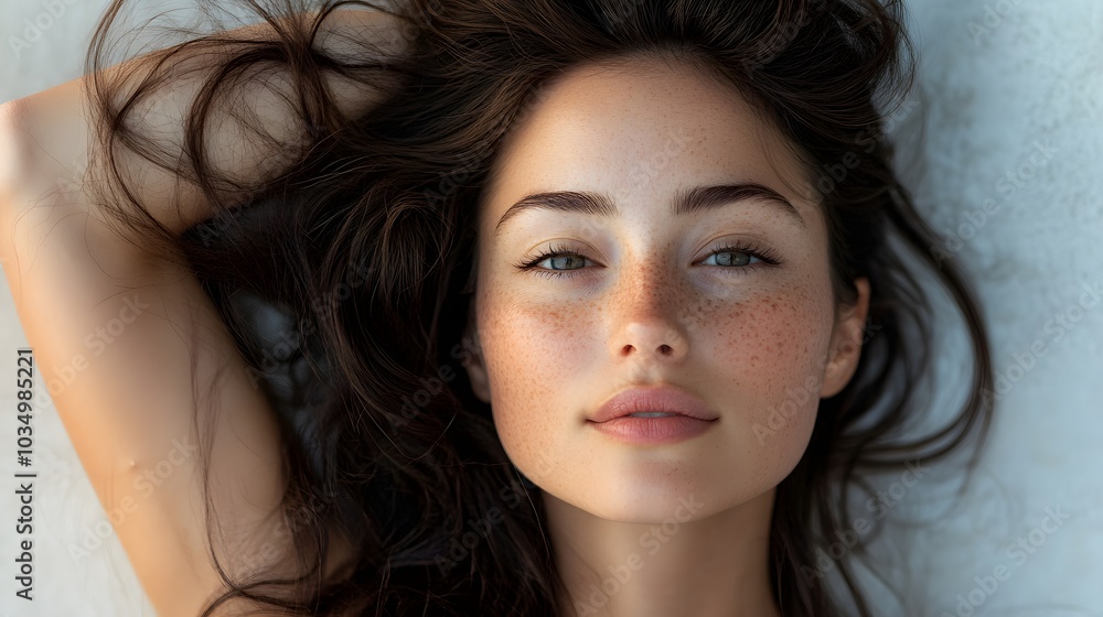 Obraz premium Woman with thinning hair and age spots, transitioning into her younger self with flawless skin and vibrant, thick dark hair, symbolizing age reversal