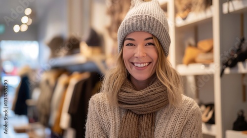 A cheerful smiling woman in warm winter outfit and a hat smiles joyfully on a background of a clothing store, winter shopping and the festive season of New Year’s. A happy young girl is a customer photo