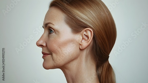 Senior woman's profile showing deep wrinkles and sagging skin, transitioning into a youthful appearance with tight, glowing skin and a sleek, refined jawline photo