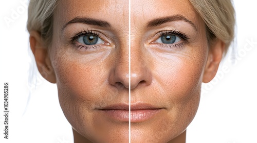 Senior woman with uneven, sun-damaged skin transforming into her revitalized self with flawless, youthful skin, smooth texture, glowing complexion