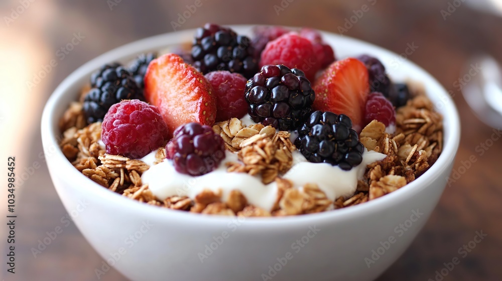 Delicious bowl of yogurt topped with granola and a variety of fresh fruit Delicious bowl of yogurt topped with granola and a variety of fresh fruit