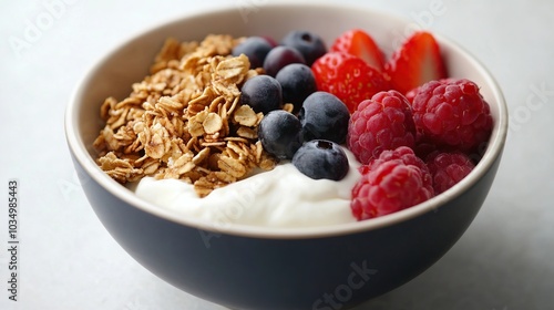 Delicious bowl of yogurt topped with granola and a variety of fresh fruit