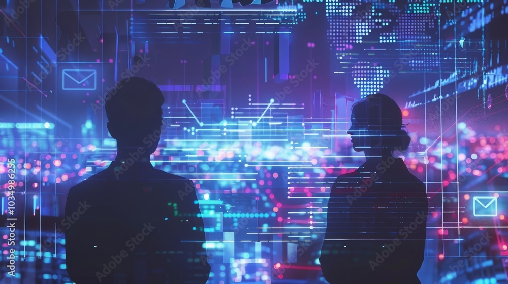 Silhouetted Professionals Analyzing Digital Data in a Futuristic Cityscape with Neon Lights and Holographic Interfaces Silhouetted Professionals Analyzing Digital Data in a Futuristic Cityscape with Neon Lights and Holographic Interfaces