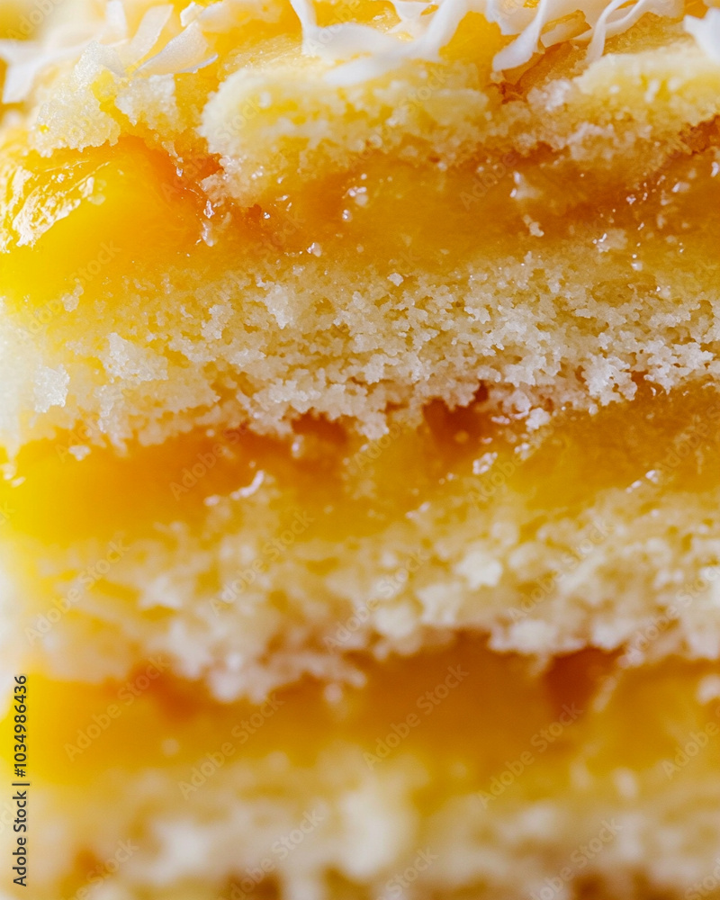 an extreme close-up, a sliced mango coconut cake, filling the entire frame with its intricate three layers an extreme close-up, a sliced mango coconut cake, filling the entire frame with its intricate three layers