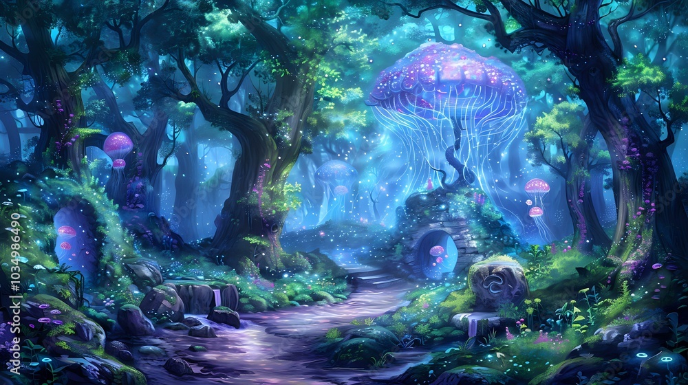 Naklejka premium A magical forest scene with glowing jellyfish and vibrant flora, creating an enchanting atmosphere.