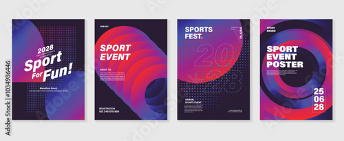 Sport event poster design background vector set. Sport cover template with vibrant abstract gradient geometric shape and dot halftone. Ideal design for social media, flyer, promotion, card.