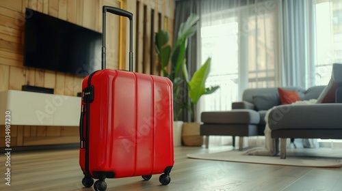 A vibrant red suitcase stands in the corner of a modern living room, showcasing a stylish and contemporary interior design. Perfect for travel-themed visuals.