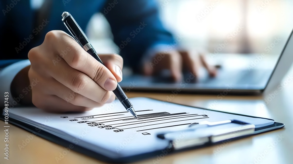 Businessperson analyzing data charts on clipboard with laptop in background. Businessperson analyzing data charts on clipboard with laptop in background.