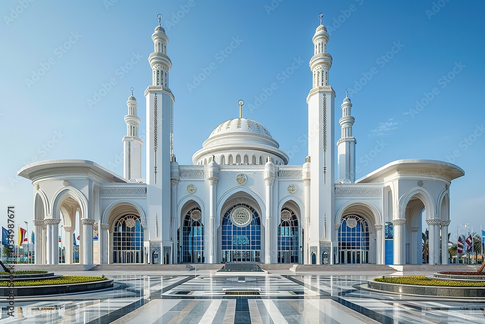 Fototapeta premium A grand mosque with intricate details and a pristine white exterior.
