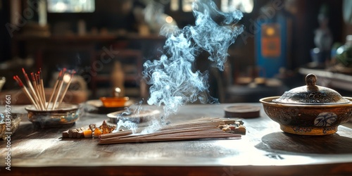 A table inside holds incense sticks that are burning and giving off smoke photo