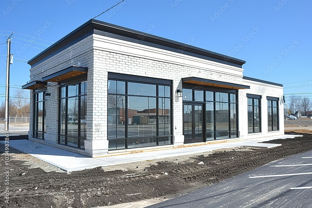 A new storefront with white brick and large windows. A new storefront with white brick and large windows.