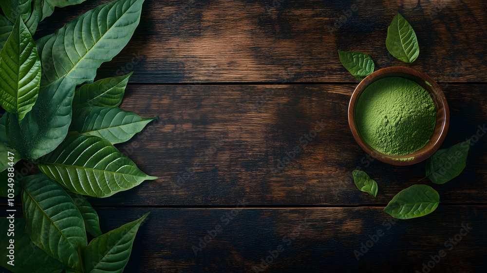 Top view of Mitragyna speciosa (kratom) leaves with powder in the wooden cup on wooden background Top view of Mitragyna speciosa (kratom) leaves with powder in the wooden cup on wooden background