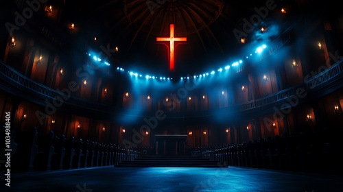 Illuminated cross in a dark, atmospheric church interior with dramatic lighting.