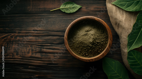 Top view of Mitragyna speciosa (kratom) leaves with powder in the wooden cup on wooden background photo