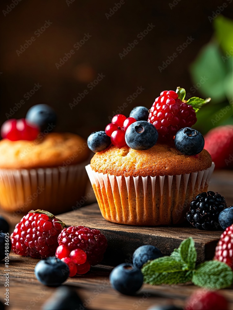 Freshly baked cupcakes topped with mixed berries Freshly baked cupcakes topped with mixed berries