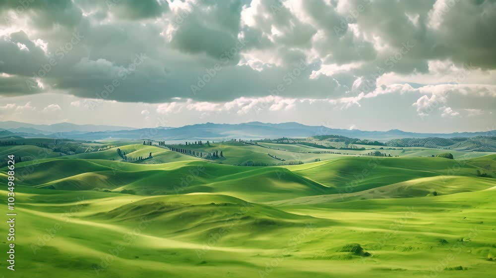 A Videograph capturing a scenic view of a green landscape featuring rolling hills and clouds, Panoramic view of rolling green hills under a cloudy sky A Videograph capturing a scenic view of a green landscape featuring rolling hills and clouds, Panoramic view of rolling green hills under a cloudy sky