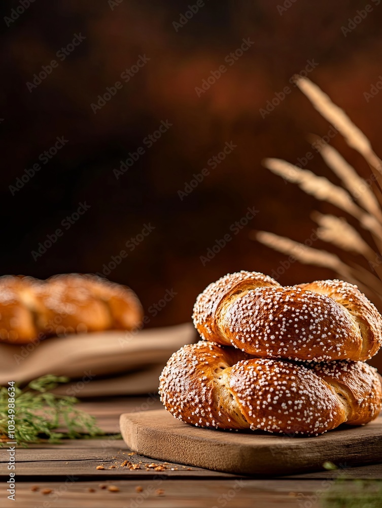 Freshly baked pretzels with sesame seeds on a wooden board Freshly baked pretzels with sesame seeds on a wooden board