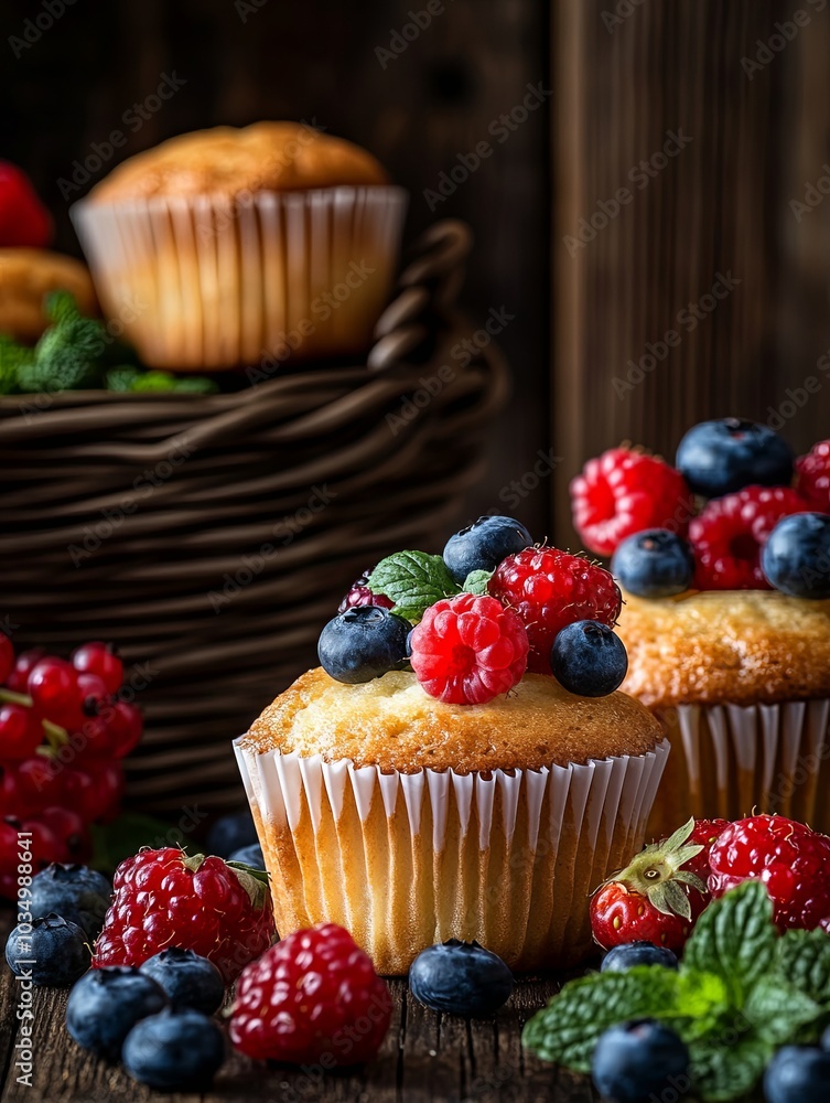 Freshly baked cupcakes topped with berries and mint leaves Freshly baked cupcakes topped with berries and mint leaves