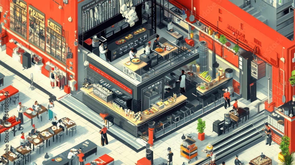 An Isometric View of a Busy Restaurant Kitchen and Dining Area An Isometric View of a Busy Restaurant Kitchen and Dining Area