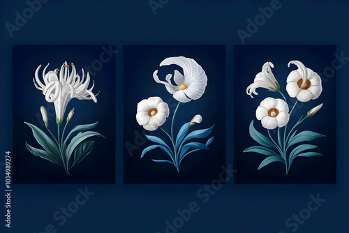 A deep blue background with white flowers is featured on three posters.