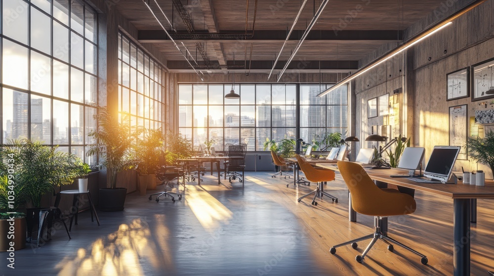 Modern Office Workspace with City View Modern Office Workspace with City View
