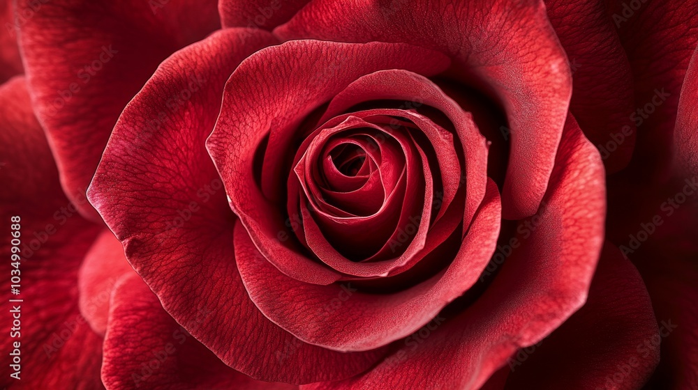 Close-up, top view of a red rose's petals, arranged in a perfect spiral, showcasing the soft texture and rich color tones with a subtle background Close-up, top view of a red rose's petals, arranged in a perfect spiral, showcasing the soft texture and rich color tones with a subtle background