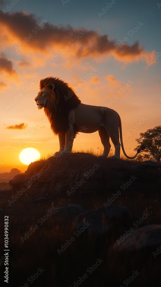 Powerful lion standing on top of a hill gazing out over the savannah Powerful lion standing on top of a hill gazing out over the savannah
