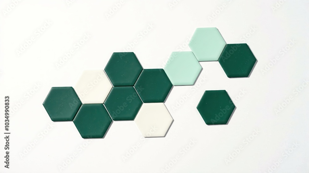 Generative AI, Minimalist honeycomb composition with seven hexagonal cells, transitioning smoothly from deep forest green to pure white Generative AI, Minimalist honeycomb composition with seven hexagonal cells, transitioning smoothly from deep forest green to pure white