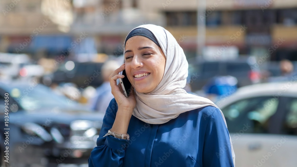 Fototapeta premium Muslim woman in a hijab engaged in a phone call while navigating an urban city, showcasing modern communication and technology. Lifestyle concept