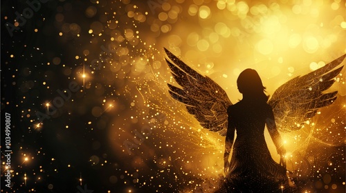 Soft white lights forming the silhouette of an angel with wings on a gold and black gradient background, with a starry sky effect around the edges