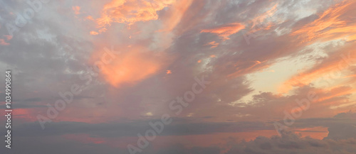 Fantastic sunset sky with colorful cloud. Panoramic twilight skyline horizon travel background