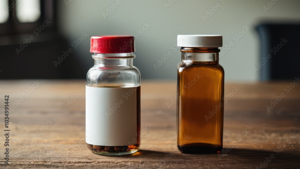 A clear glass bottle with a blank label in a natural light setting, useful for product design, branding, or medical-related visuals A clear glass bottle with a blank label in a natural light setting, useful for product design, branding, or medical-related visuals