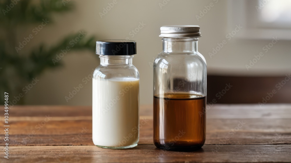 A clear glass bottle with a blank label in a natural light setting, useful for product design, branding, or medical-related visuals A clear glass bottle with a blank label in a natural light setting, useful for product design, branding, or medical-related visuals