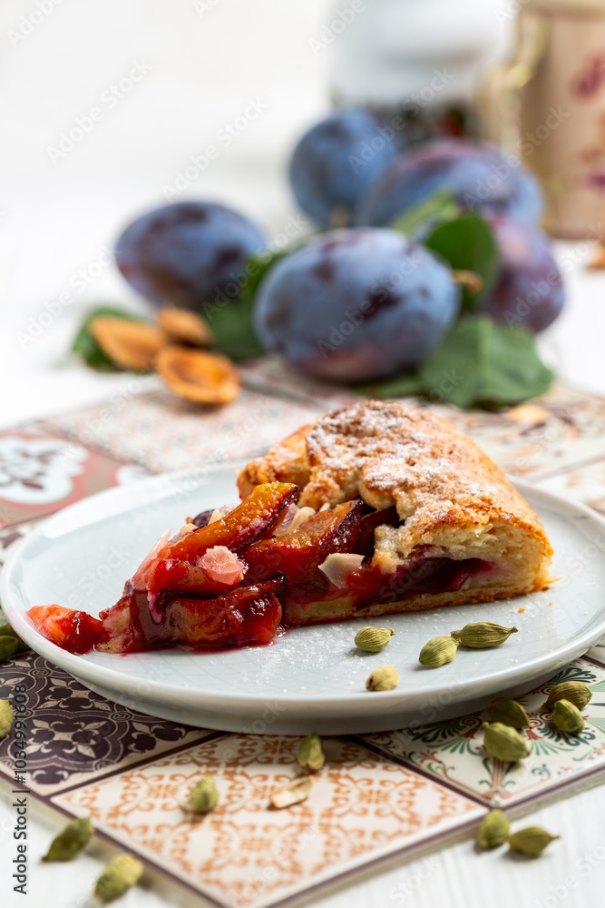 Slices of homemade plum pie. Slices of homemade plum pie.