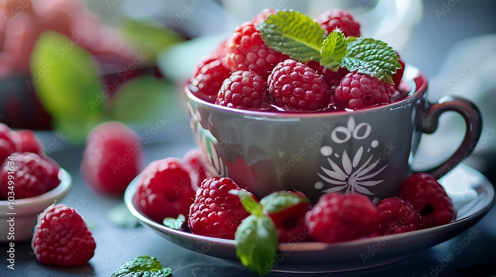 A plate filled with juicy raspberries holds a hot pot of berries drink topped with a green garnish A plate filled with juicy raspberries holds a hot pot of berries drink topped with a green garnish